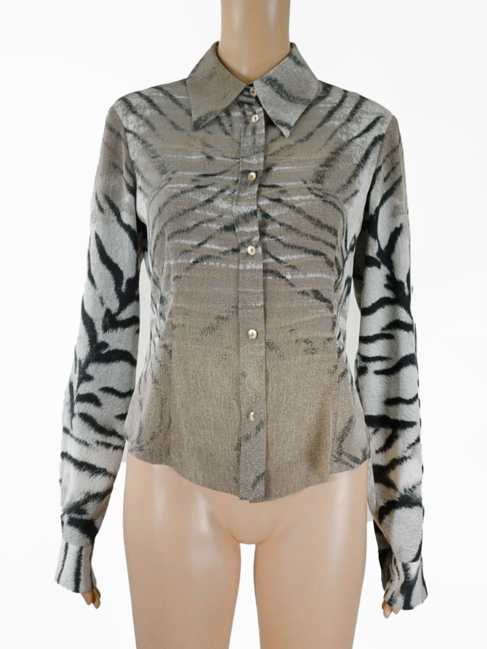 Vintage Y2K Just Cavalli Tiger Animal Print Collage Button Up Blouse Top 2000s